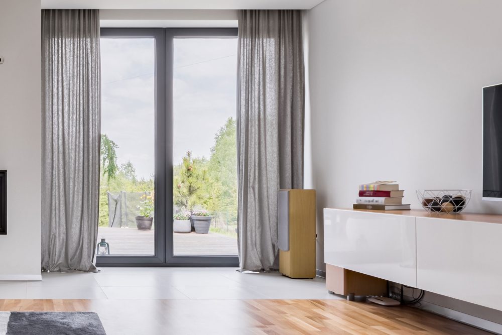 Windows with grey curtains
